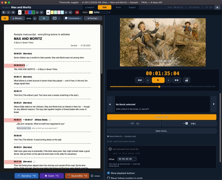 Timecode Juggler – Bildschirmfoto